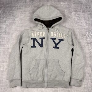 Aeropostale Sweatshirt‎ Mens Medium Gray Y2K Heavyweight Sherpa Lined Spell Out